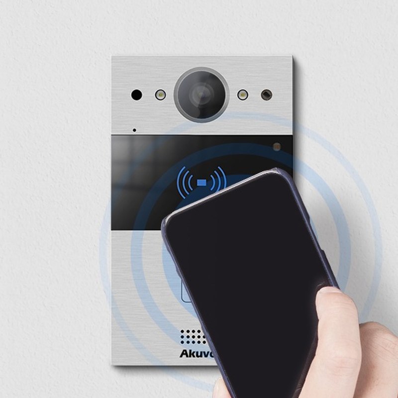 Phone tapping the NFC reader on an Akuvox R20A-2