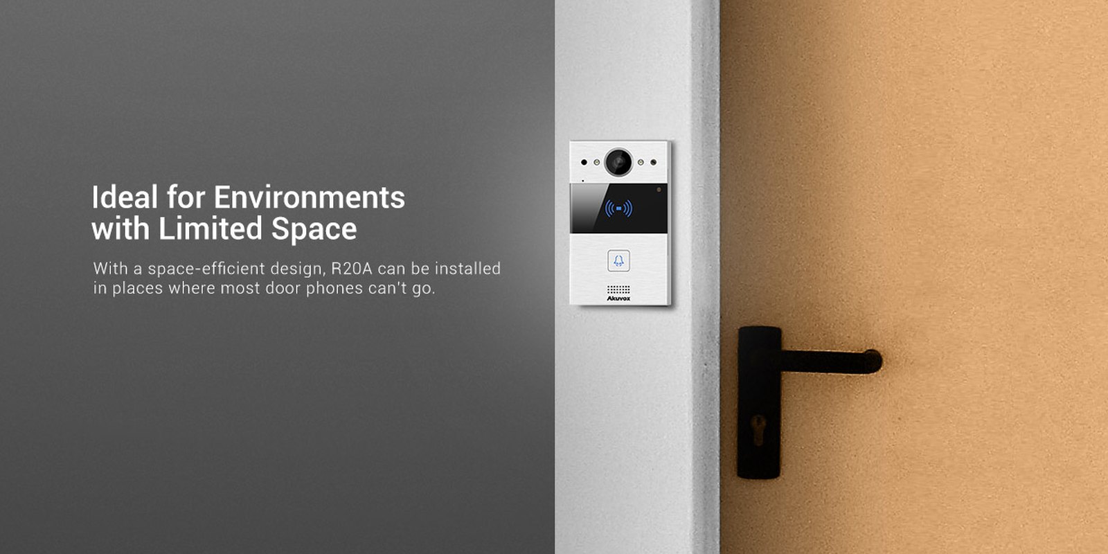 Akuvox R20A door phone beside a narrow entry door