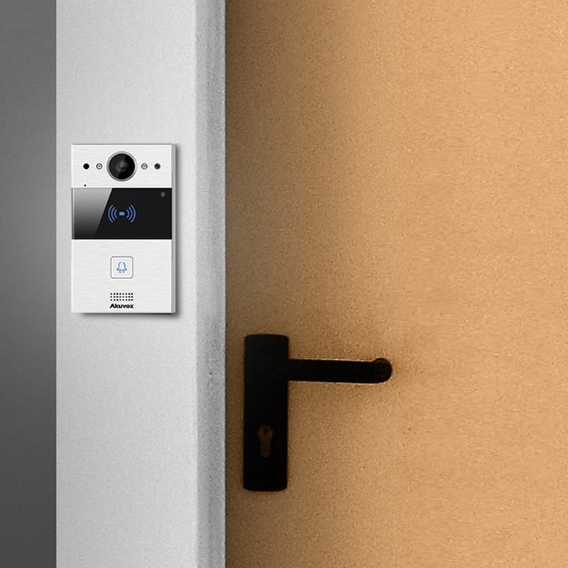 Akuvox R20A door phone mounted beside an entry door