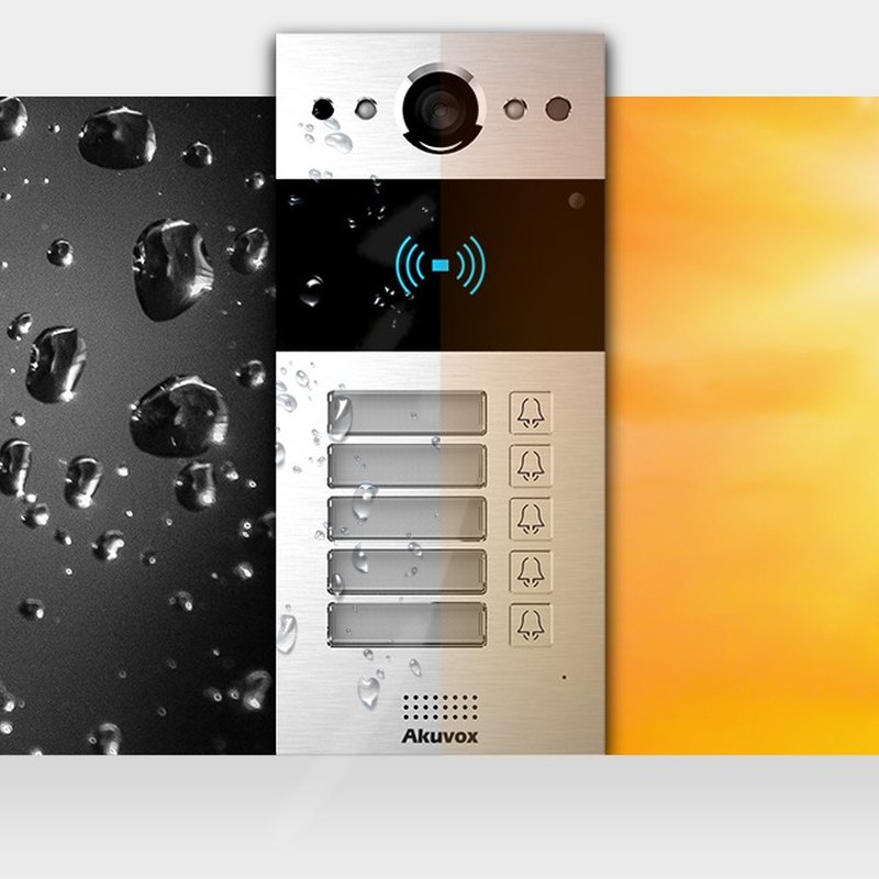 Akuvox R20B 5-button door phone in rain and sun
