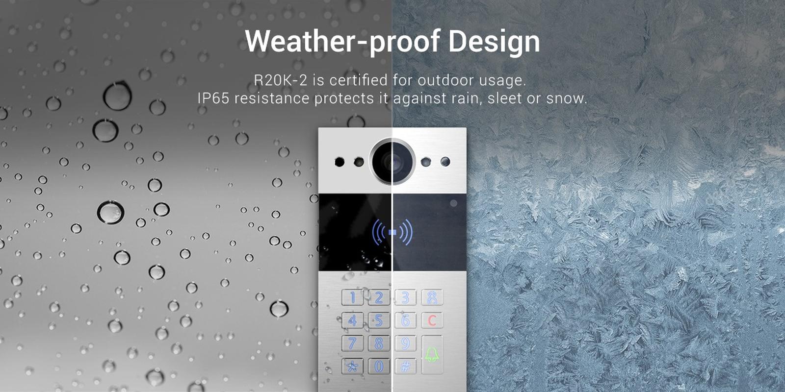 Akuvox R20K-2 keypad door phone shown in rain and frost