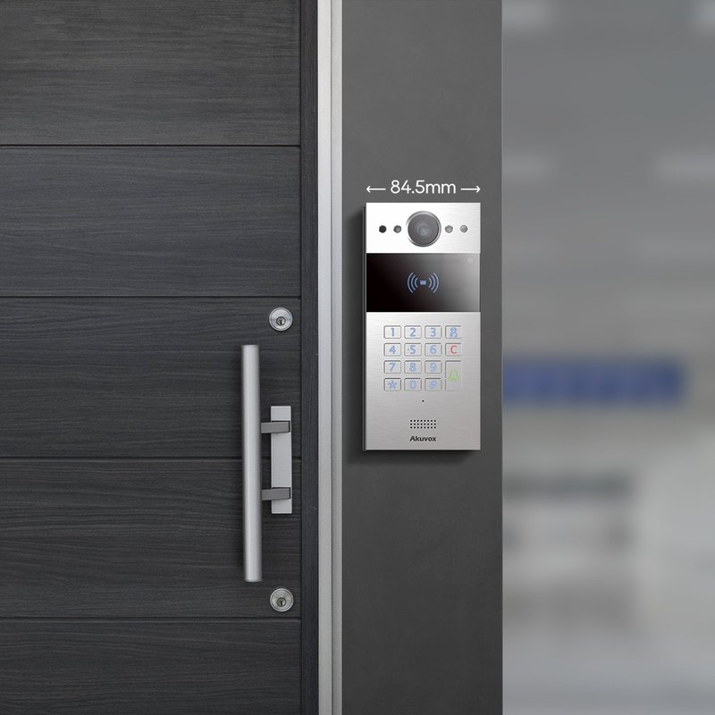 Akuvox R20K-L keypad door phone beside an entry door