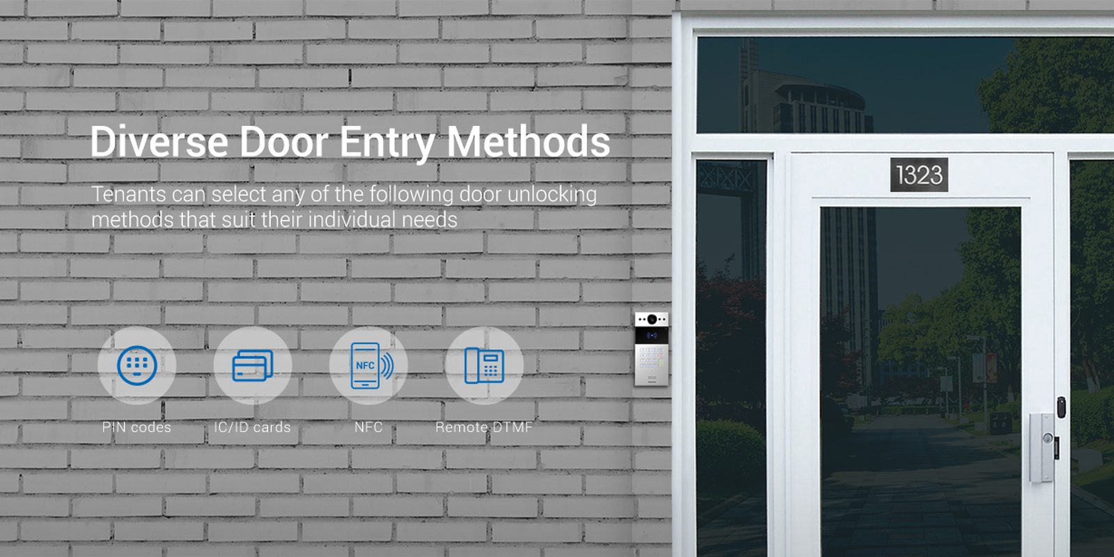 Akuvox R20K silver door phone beside an apartment entry door