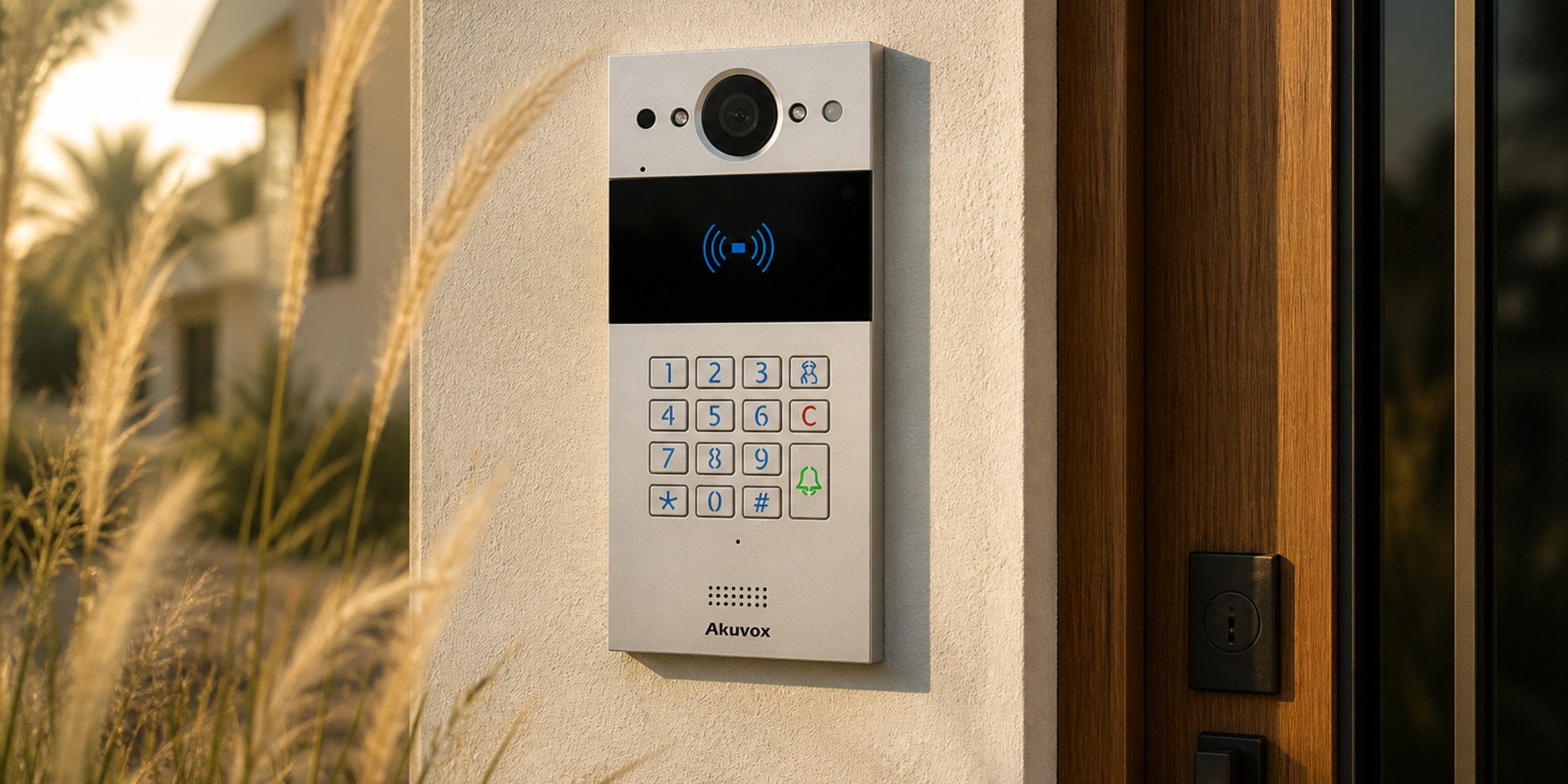 Akuvox R20K silver keypad door station on a villa entry in late-afternoon light