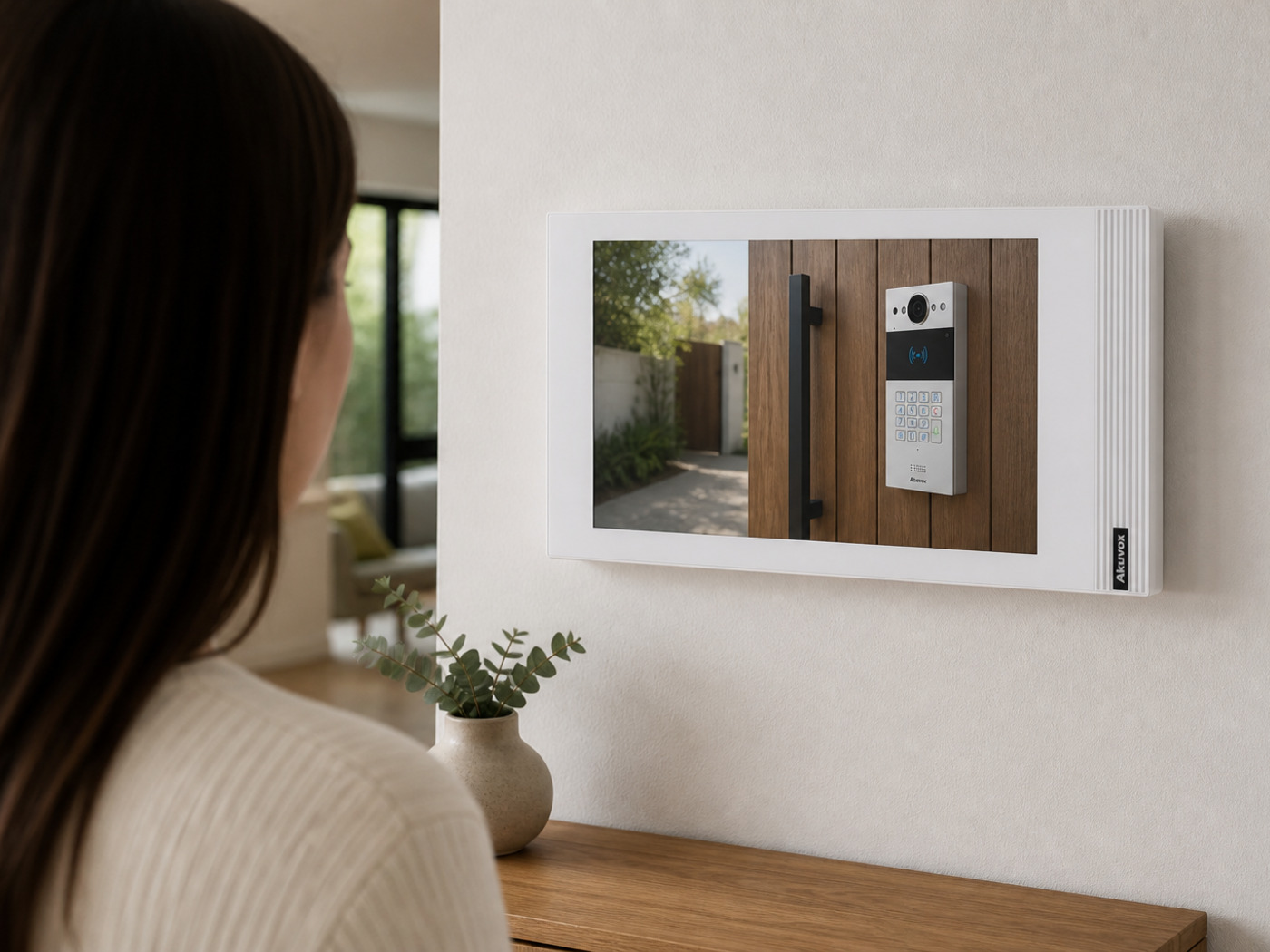 Indoor Akuvox monitor showing a live visitor call from the R20K silver door station