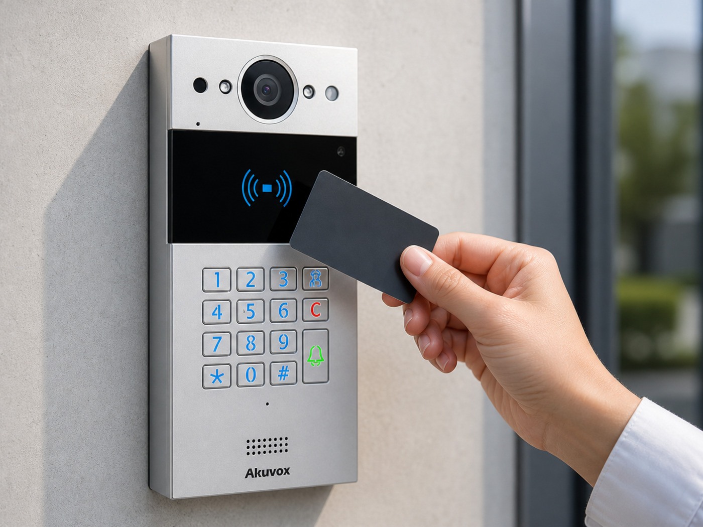 Close view of the Akuvox R20K silver keypad and NFC reader with a card offered
