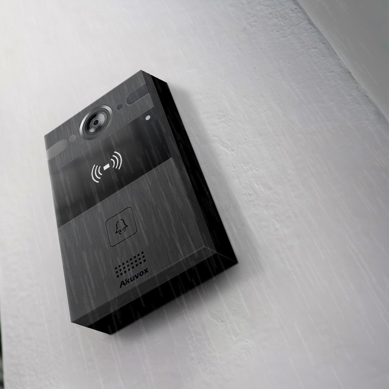 Akuvox R25A black door phone on an outdoor wall