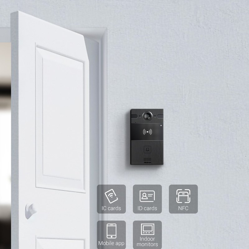 Akuvox R25A black door phone beside a front door