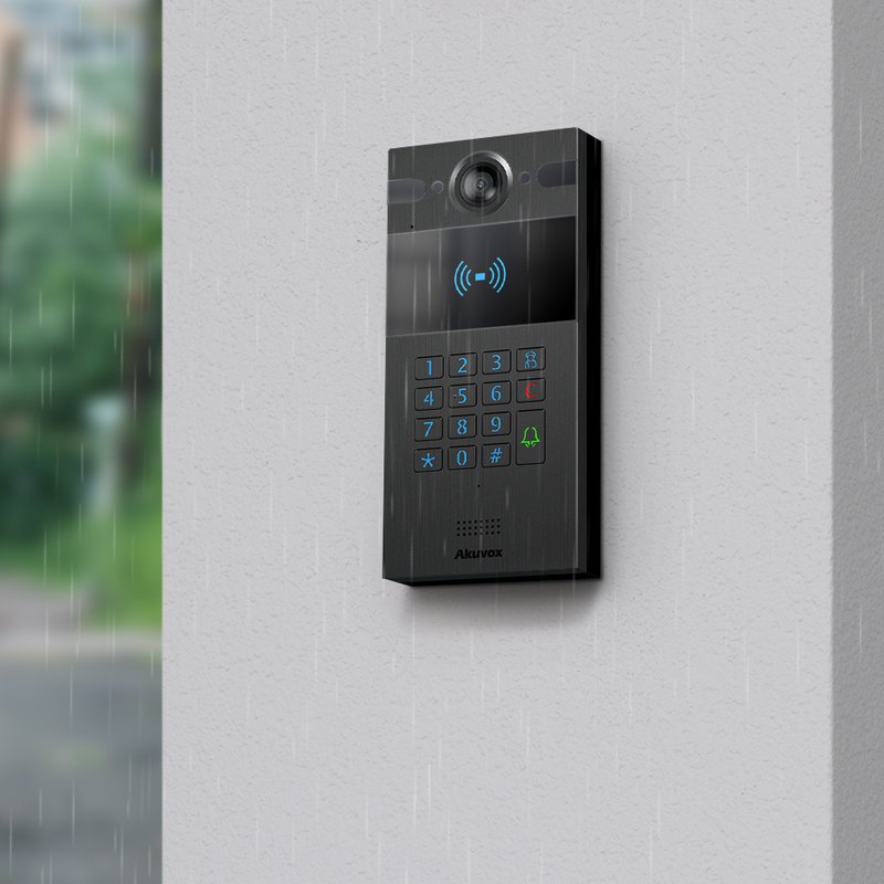 Akuvox R25K black door phone mounted on an outdoor wall