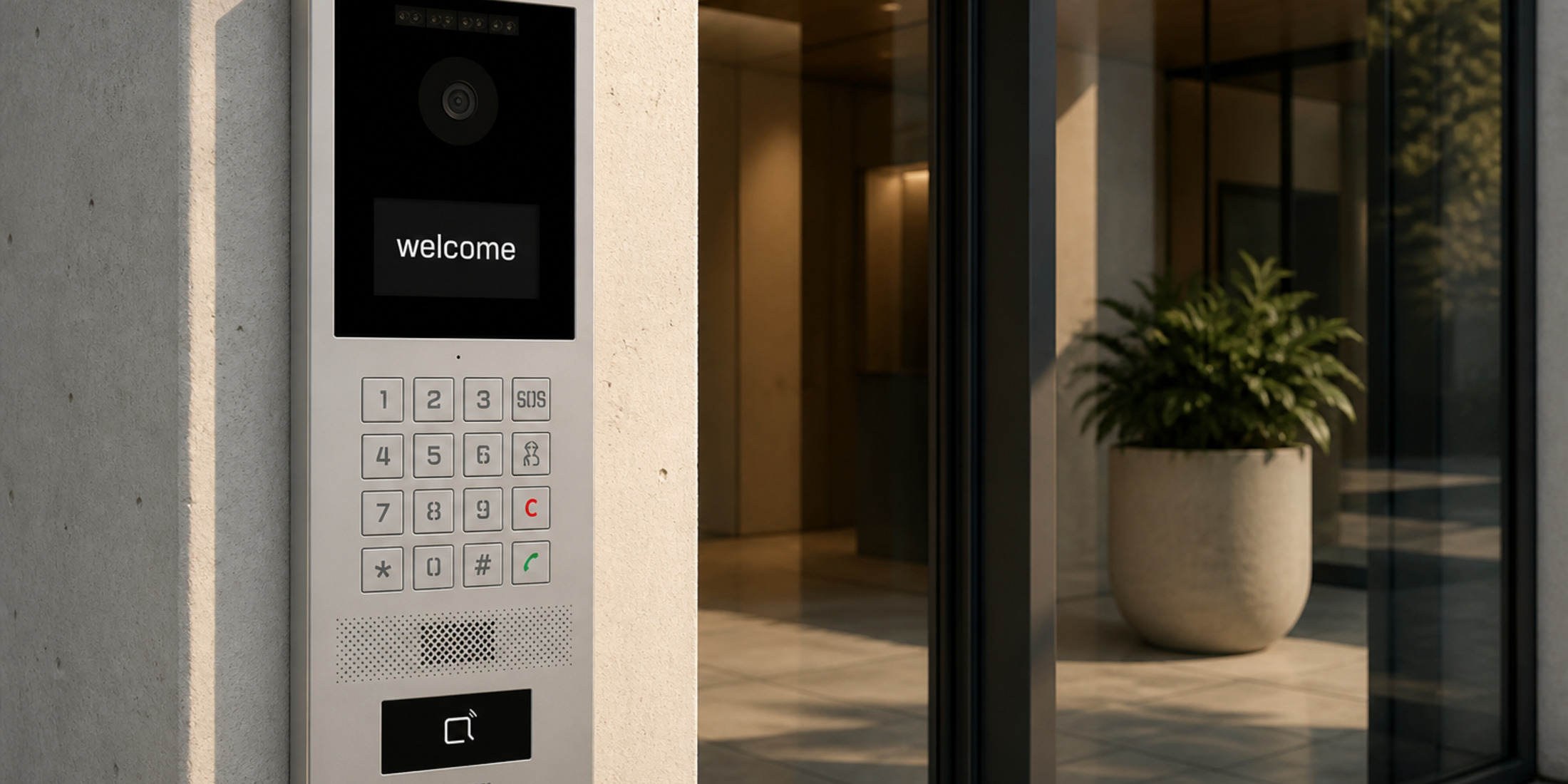 Akuvox S532 keypad door station mounted at a contemporary apartment lobby