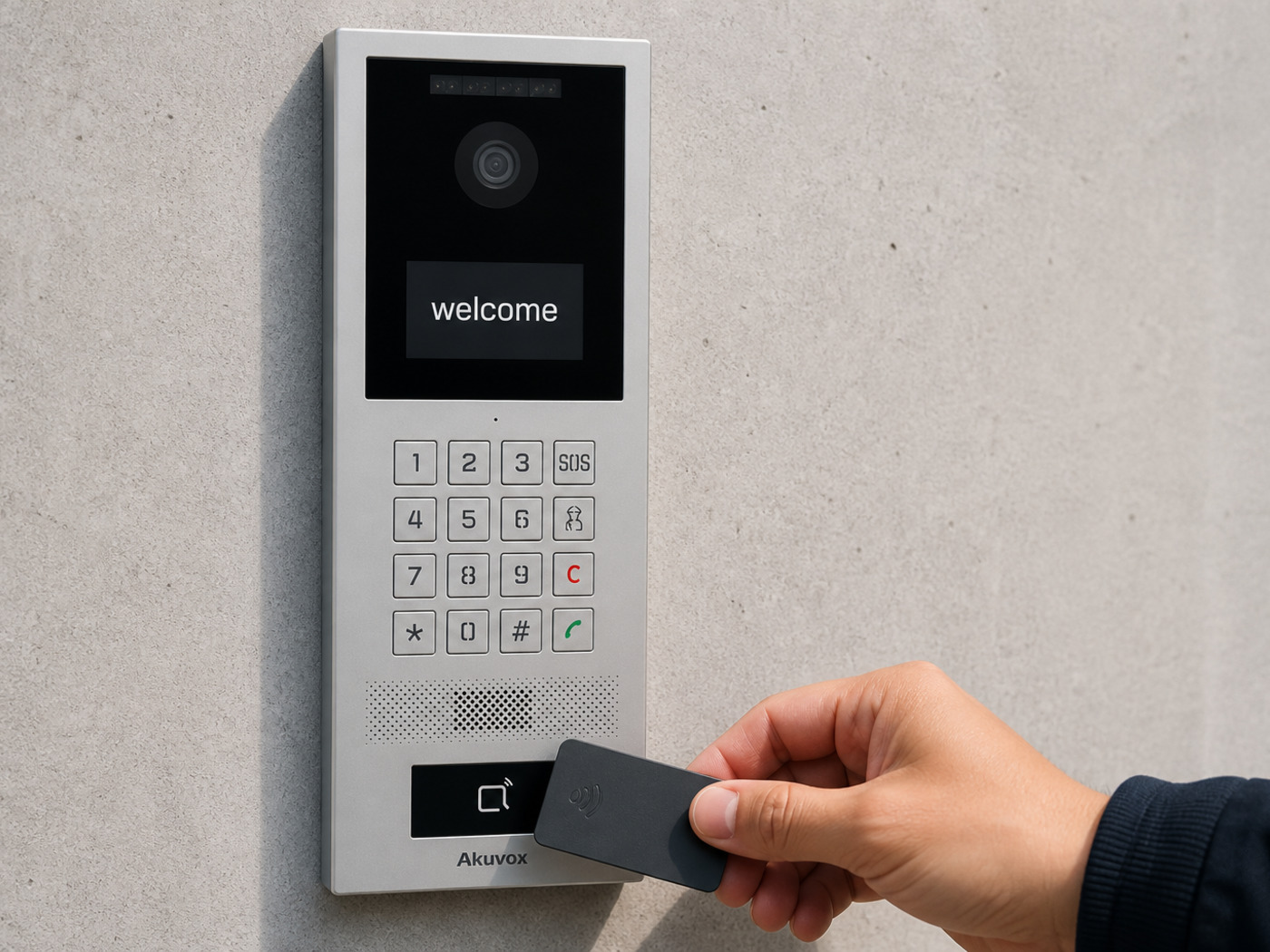 Close view of the Akuvox S532 keypad and RF card reader with a credential offered