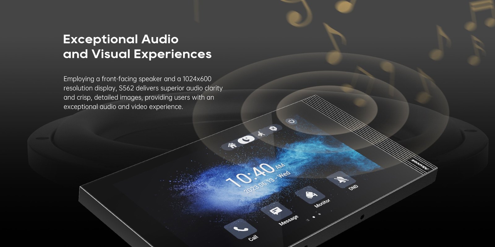 Akuvox S562 indoor monitor — front-facing speaker and 1024 × 600 display