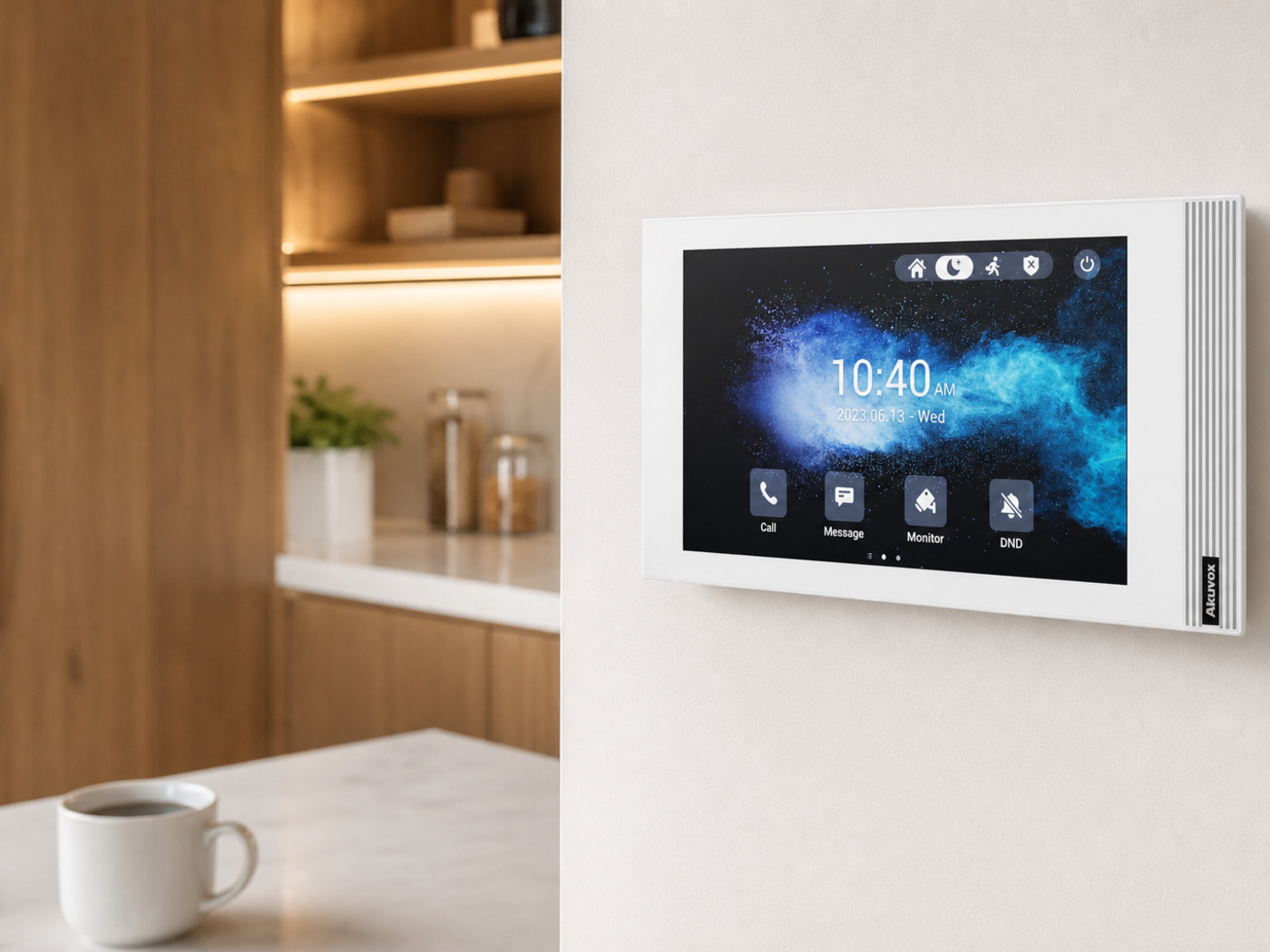 Akuvox S562 white monitor on a kitchen-return wall in a modern Australian home