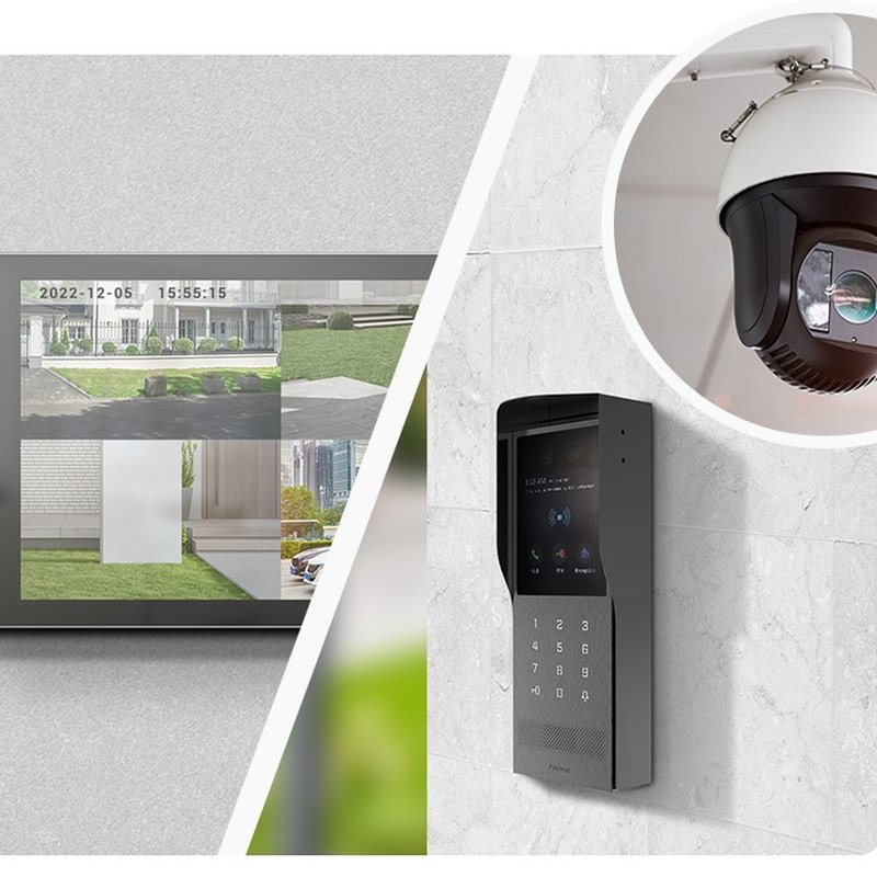 Akuvox S562 showing live camera views alongside a door station and IP camera