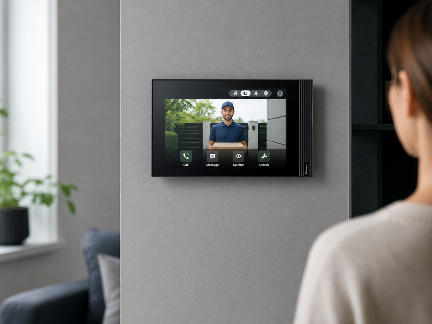 Resident answering a visitor on an Akuvox S562 indoor monitor