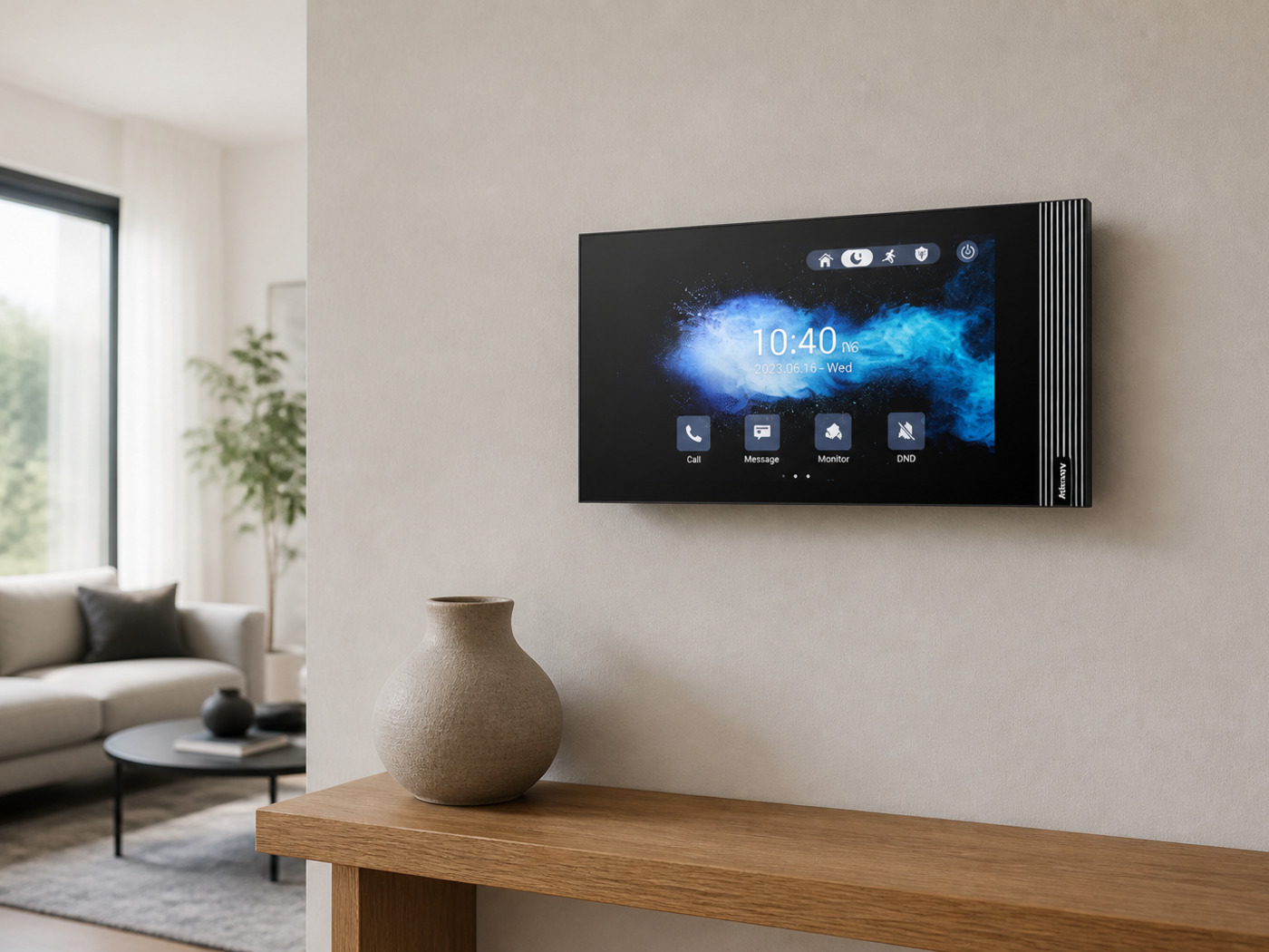 Akuvox S562 indoor monitor in a living-room return above a slim oak shelf