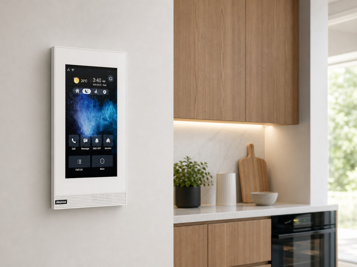 Vertical Akuvox S562-V white monitor on a slim kitchen-return wall