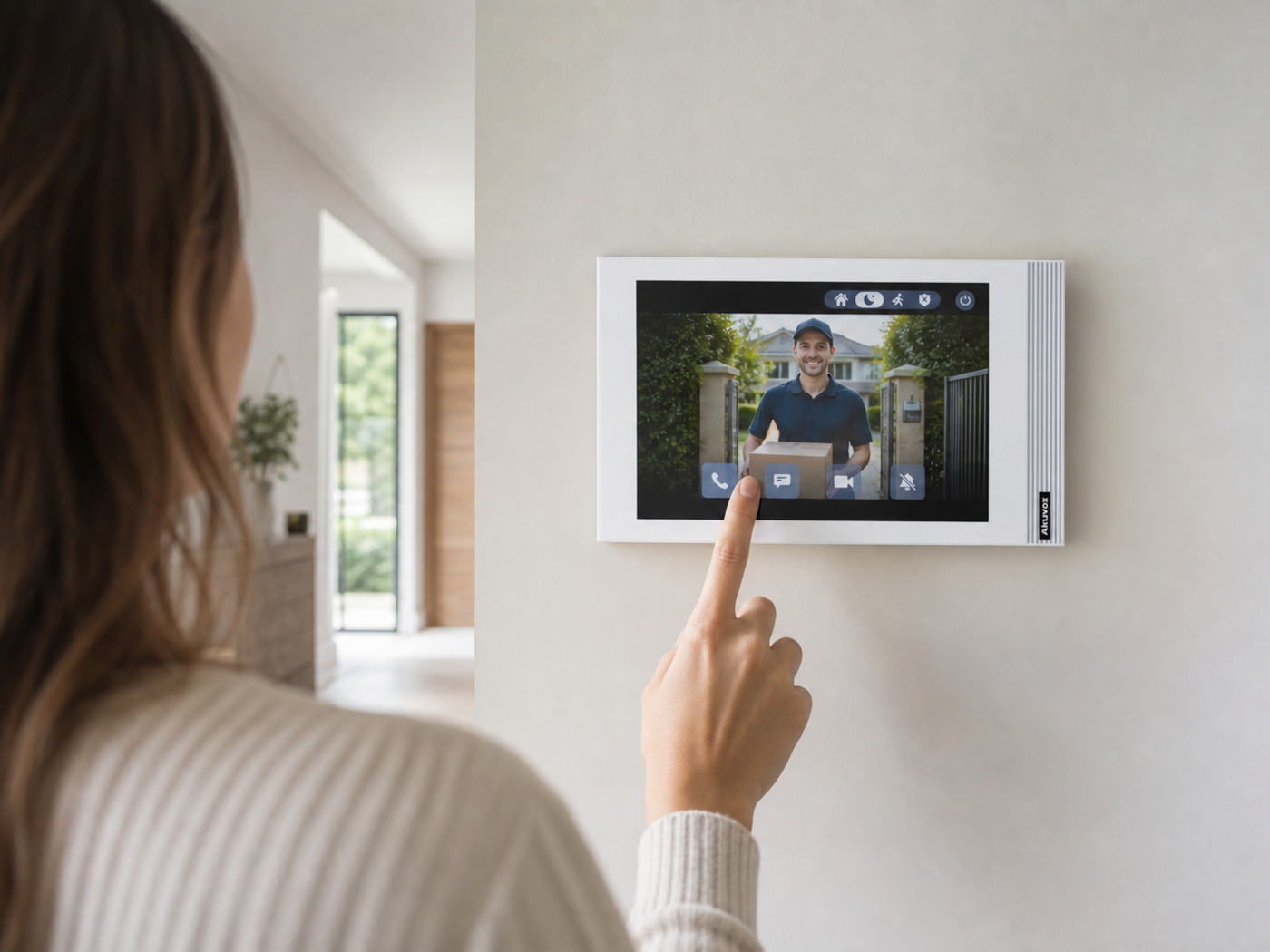 Resident answering a 2-wire door call on an Akuvox S562W-2 white monitor