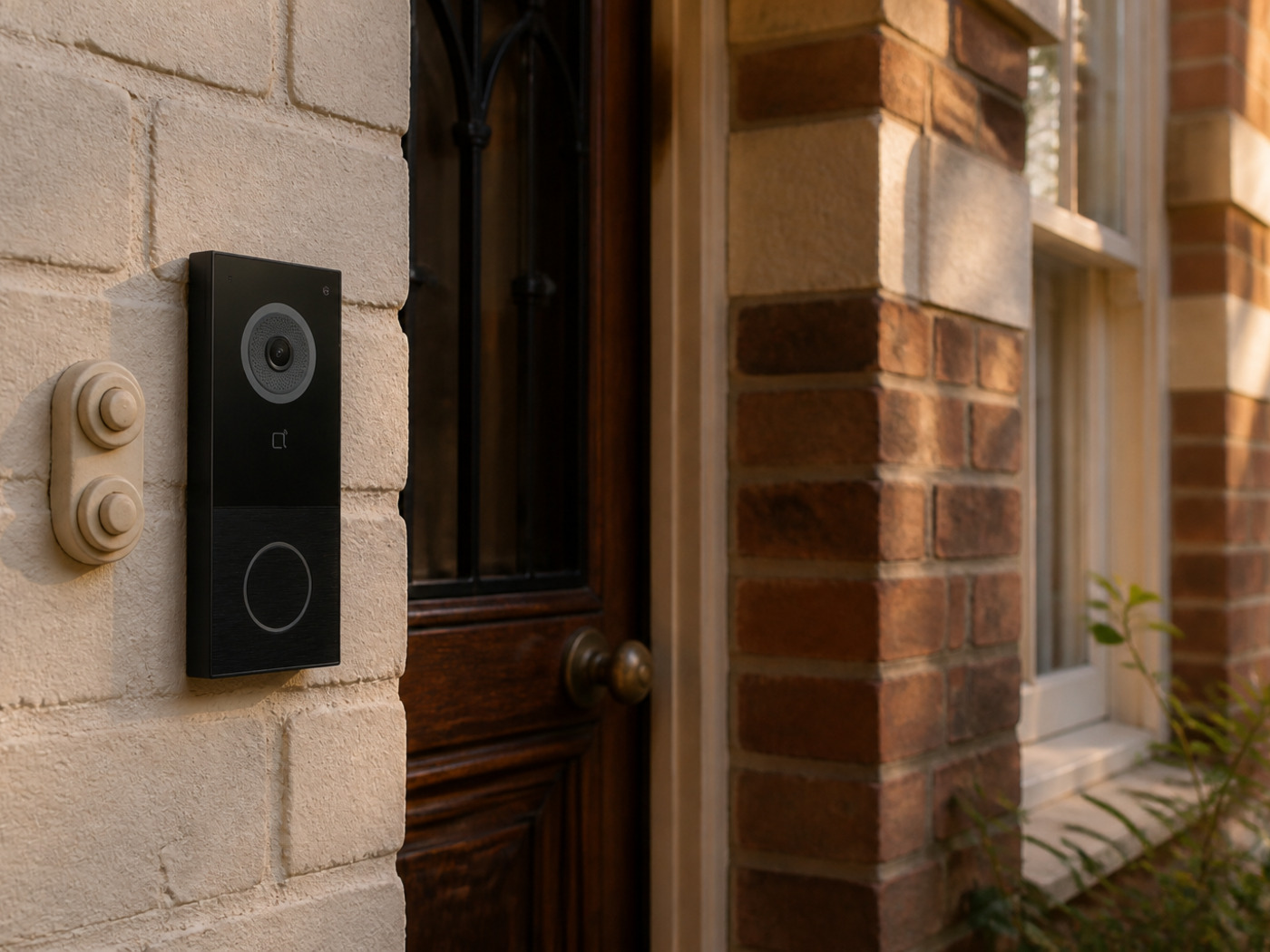 Modern Akuvox door station on an older brick villa — existing pair in the wall
