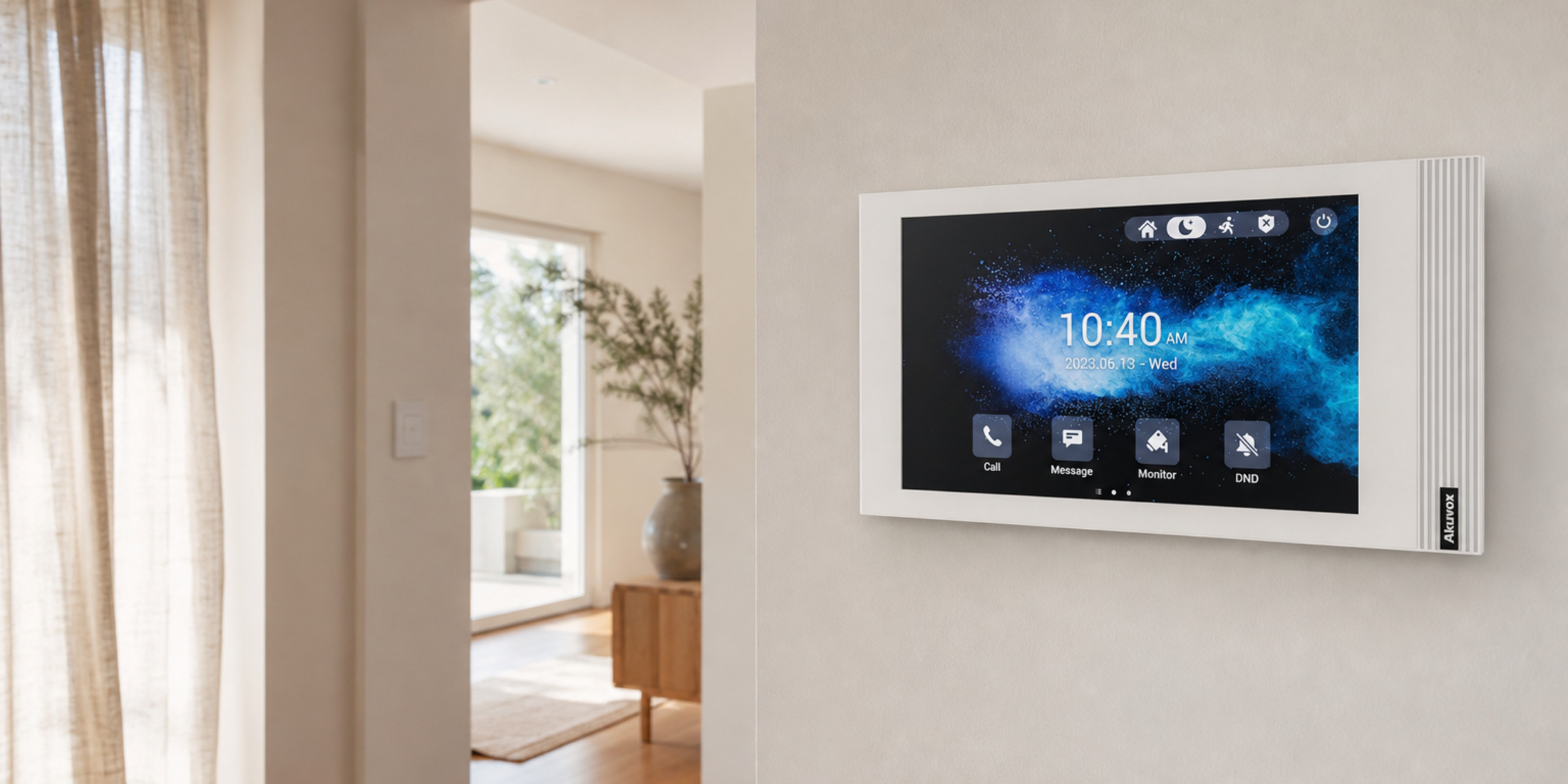 Akuvox S562W-2 white indoor monitor on a villa hallway wall