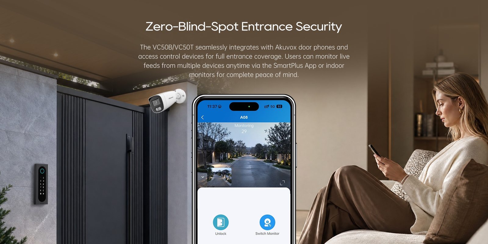 Akuvox VC50B bullet camera on a gate pillar with live view on the SmartPlus app