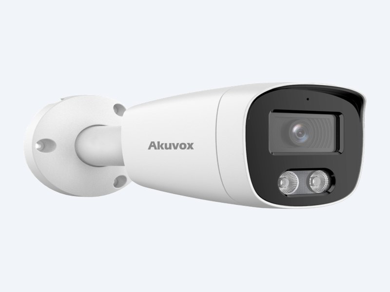 Akuvox VC50B bullet camera three-quarter view with wall-mount arm