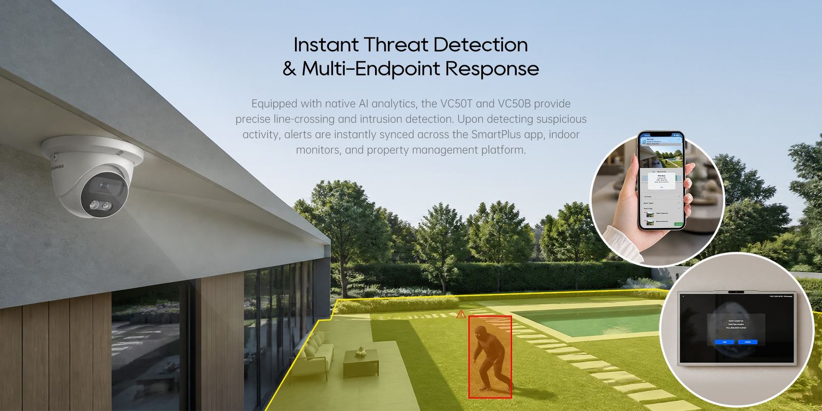 Akuvox VC50T turret camera under an eave with line-crossing detection across a lawn