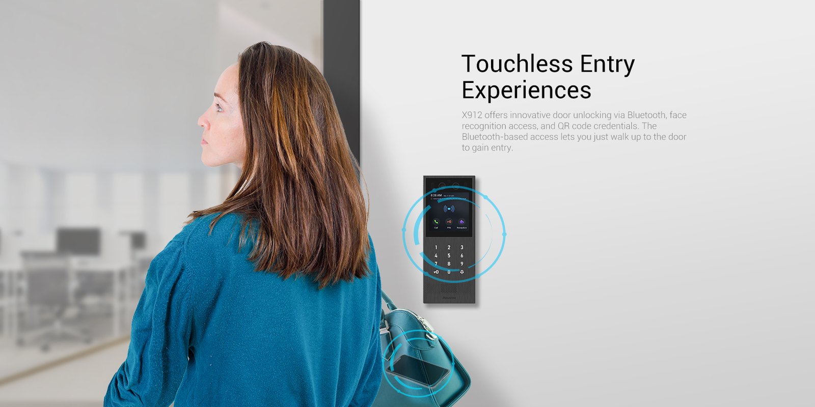 Akuvox X912 door phone mounted beside an office entrance