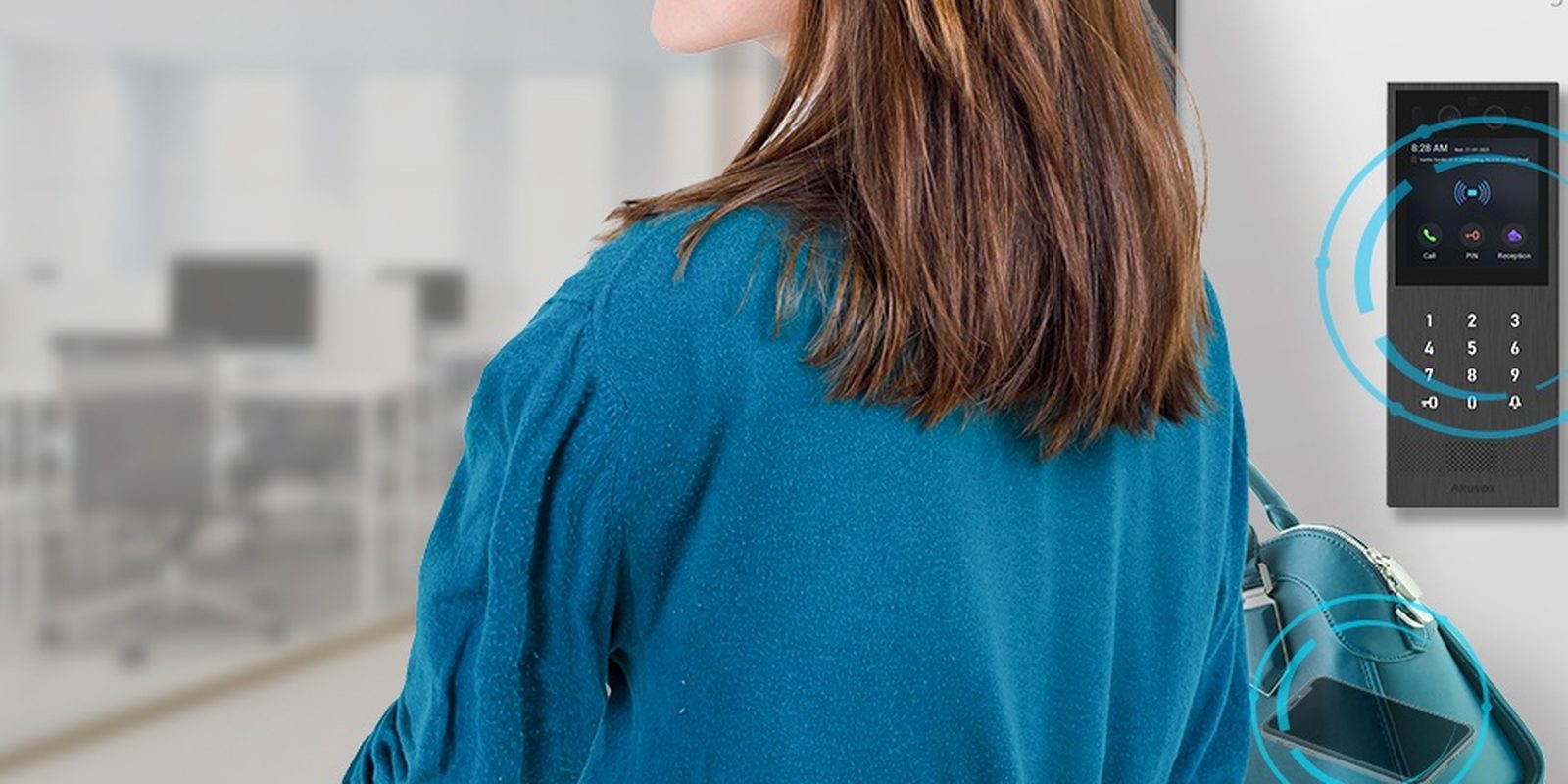 Woman walking up to an Akuvox X912 door phone for touchless Bluetooth entry
