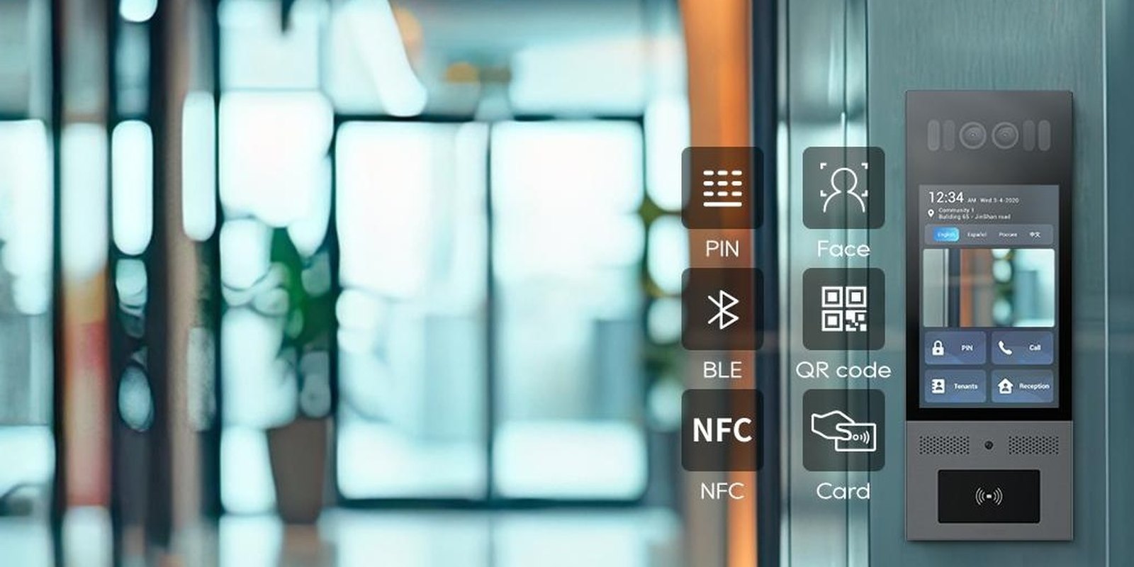 Akuvox X915S with PIN, face, BLE, QR, NFC and card entry options in a lobby