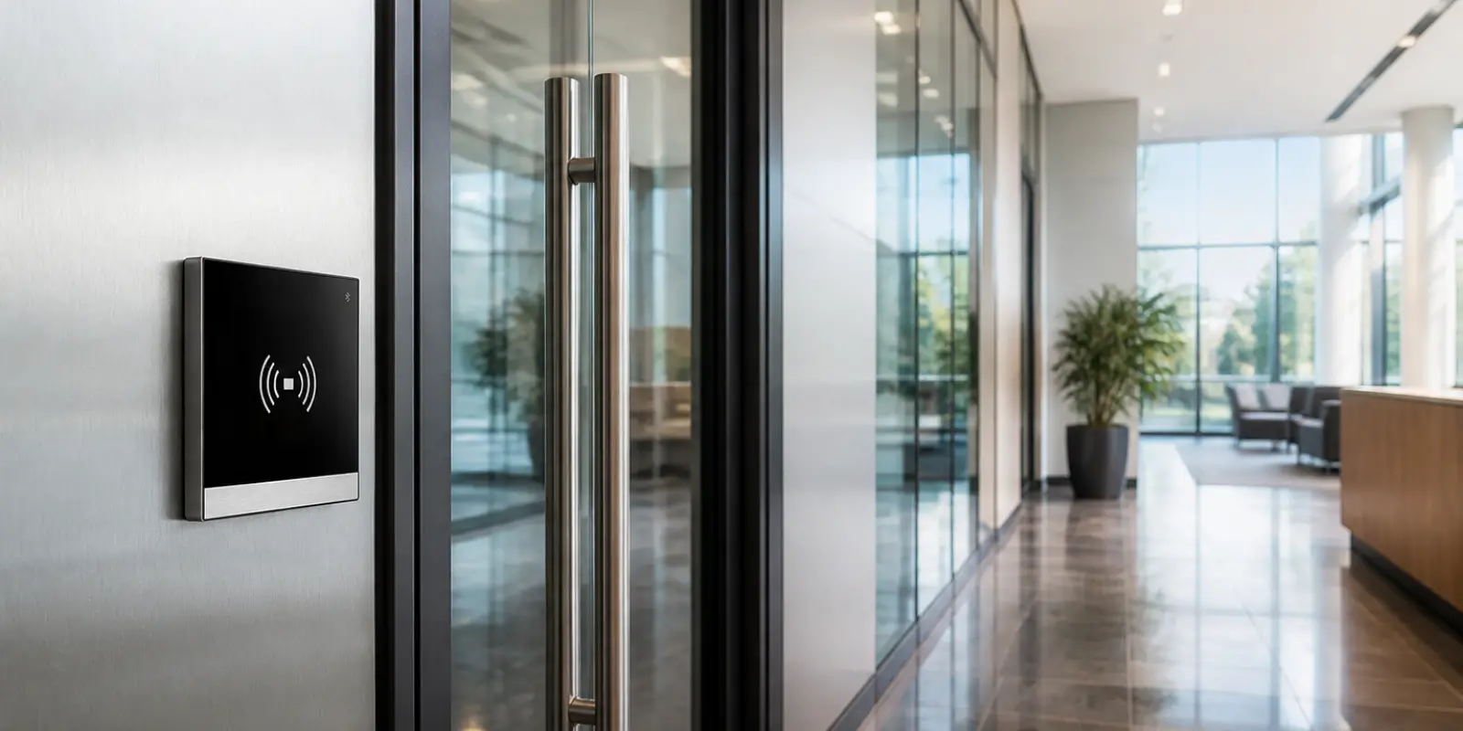 Akuvox access control reader installed at a commercial lobby door