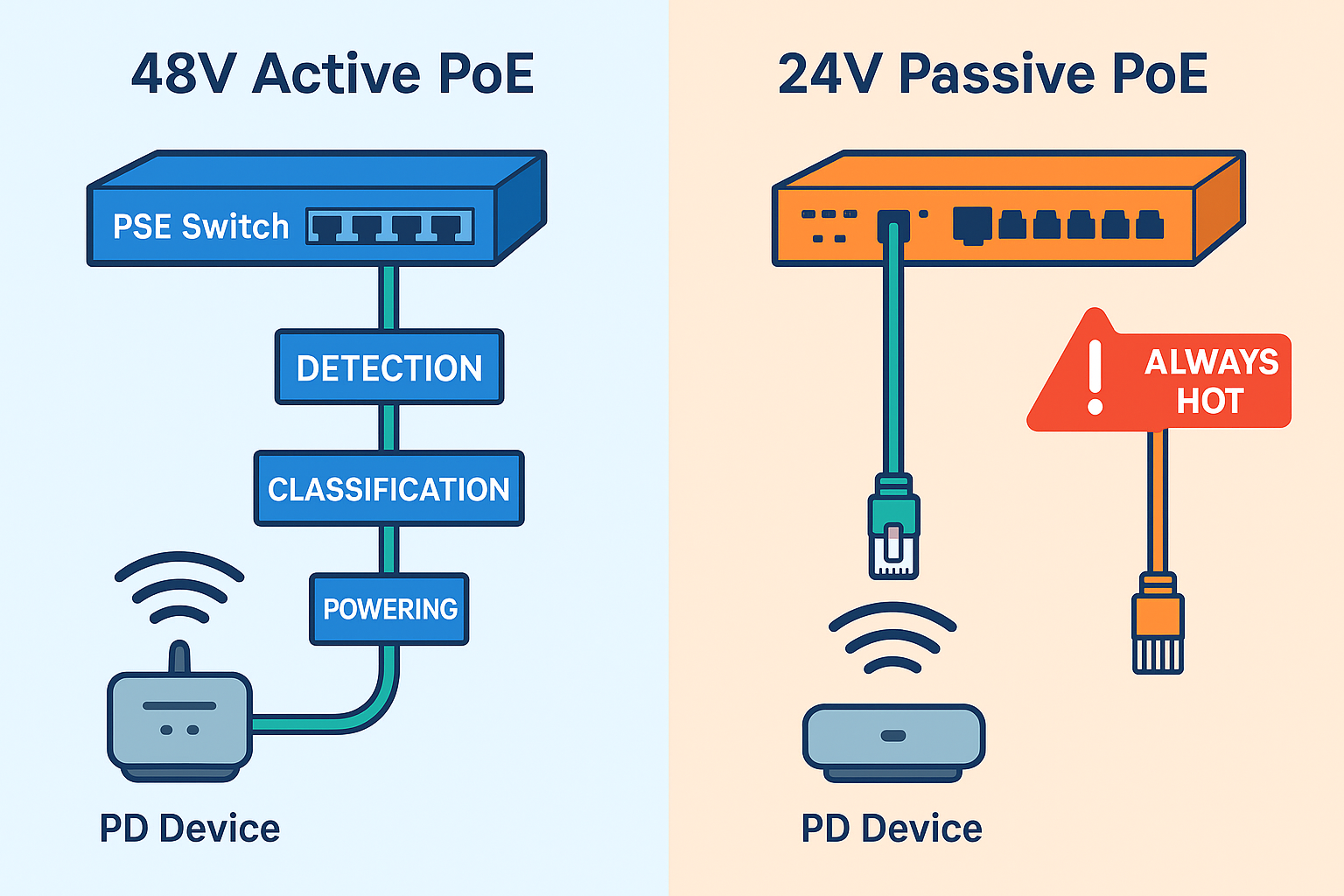 Side-by-side illustration contrasting 48 V Active PoE handshake and 24 V Passive PoE always-hot cable