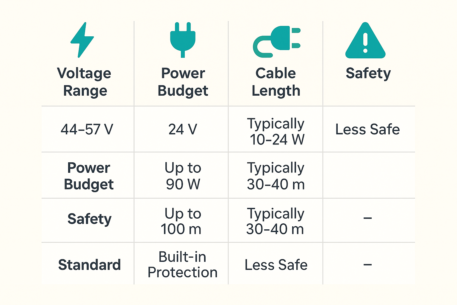 Infographic comparing voltage, power, cable length, safety and standard between 48 V Active and 24 V Passive PoE