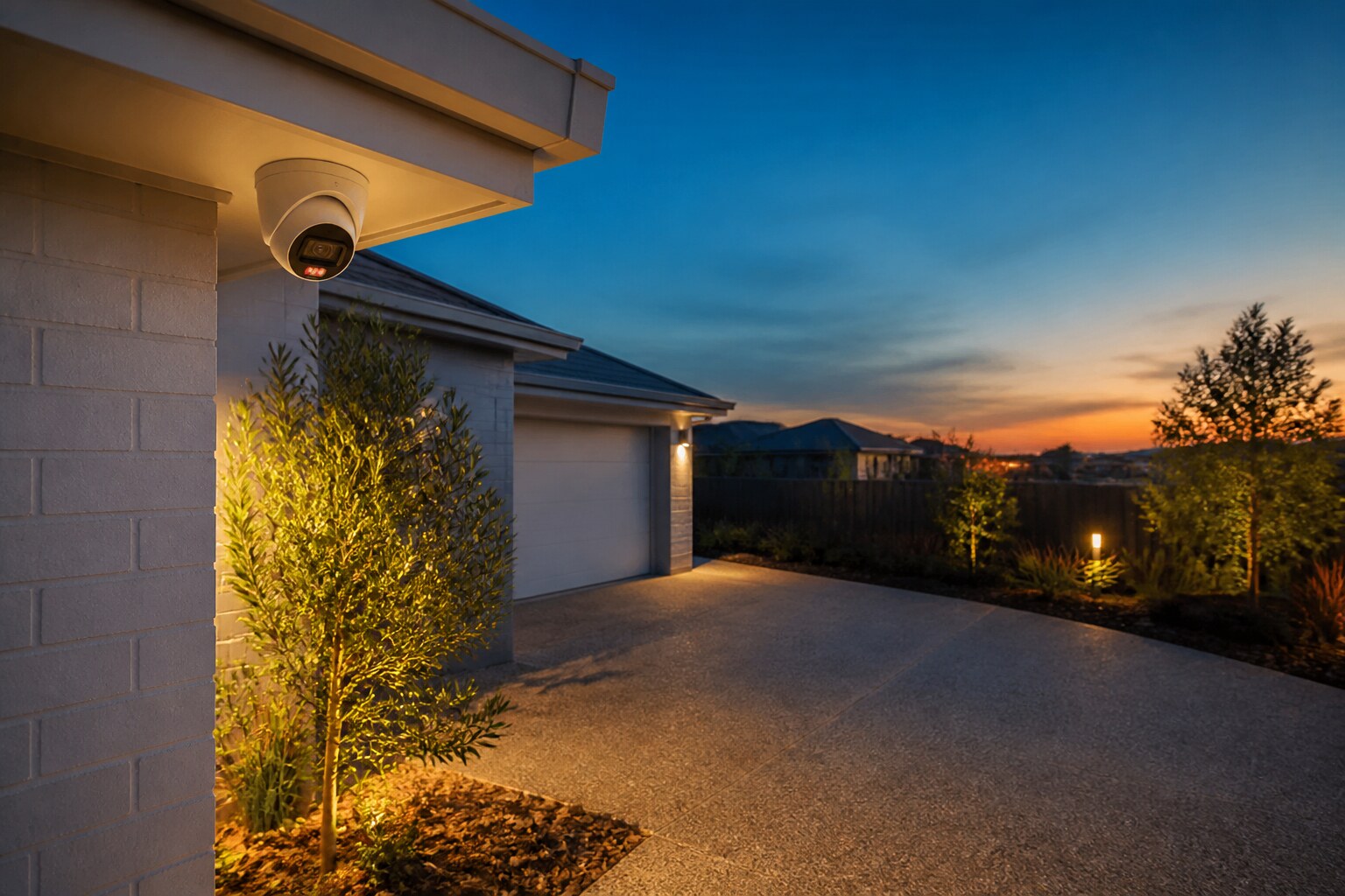 Dahua HDW3867EM-S-IL-ANZ turret on a contemporary Australian home at dusk — DH-K8084T-67