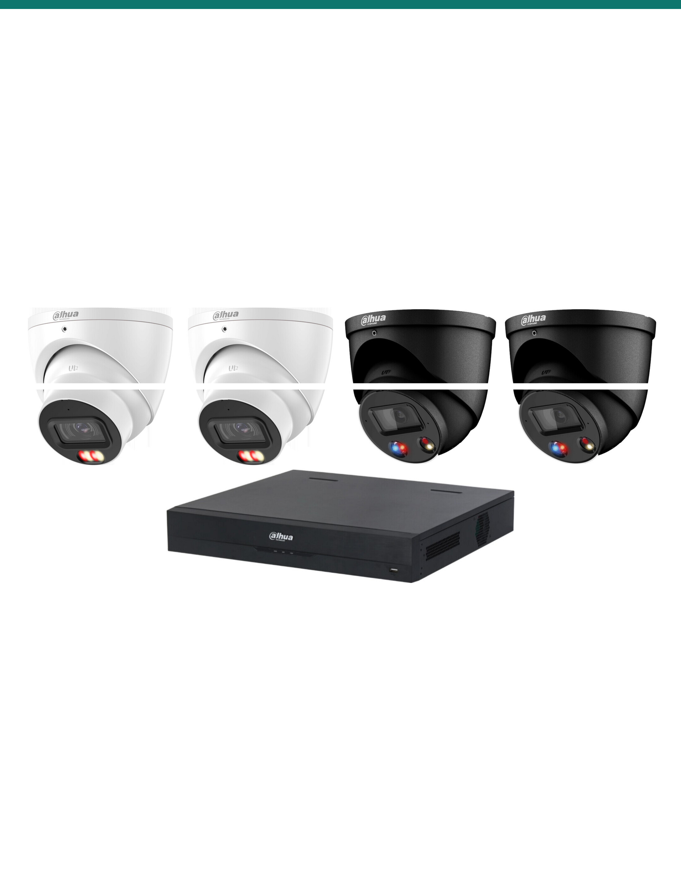 DH-K8082T2TIOCB-67 kit layout — 2 dual-light turrets and NVR4108HS-8P-AI/ANZ — Product shot may differ from the actual product.