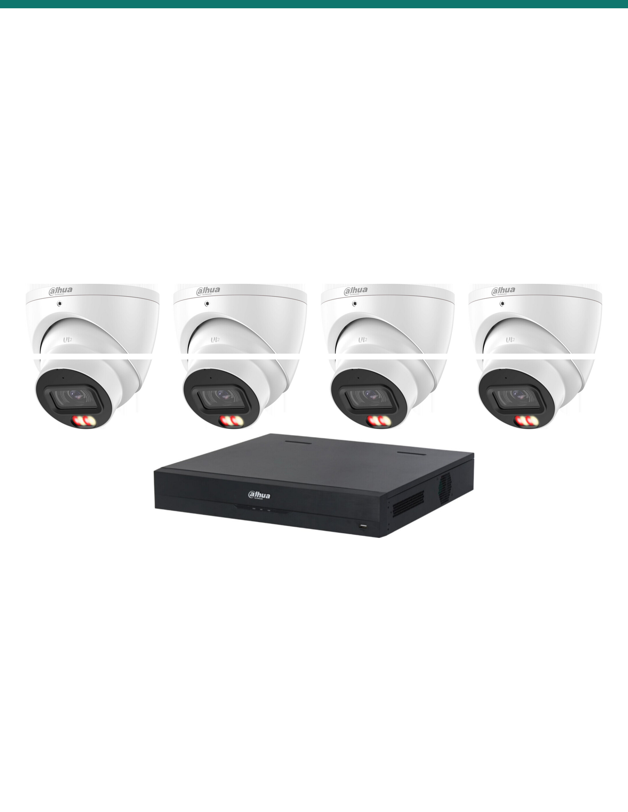 DH-K8084T-67 kit layout — 4 dual-light turrets and NVR4108HS-8P-AI/ANZ — Product shot may differ from the actual product.