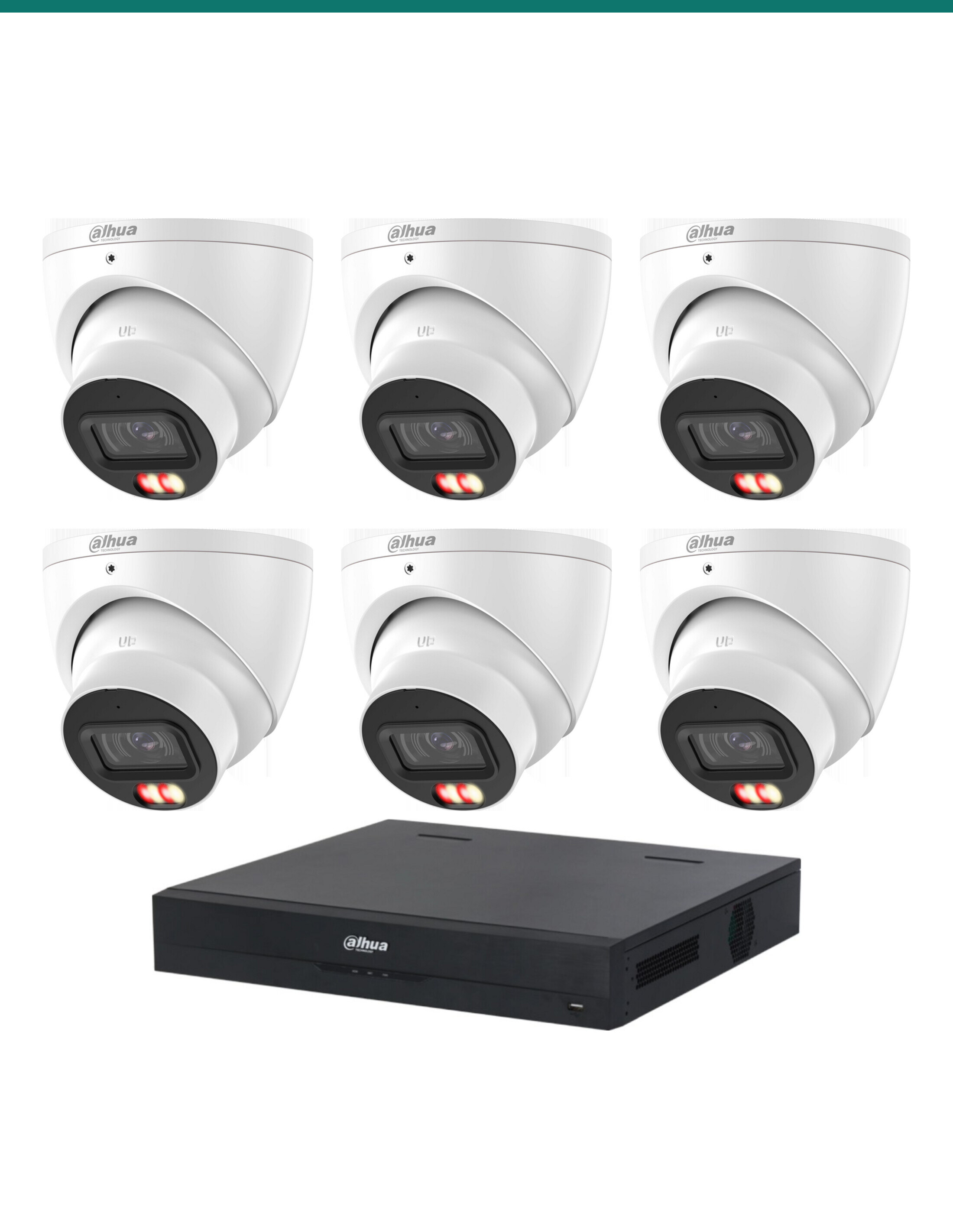 DH-K8086T-67 kit layout — 6 dual-light turrets and NVR4108HS-8P-AI/ANZ — Product shot may differ from the actual product.