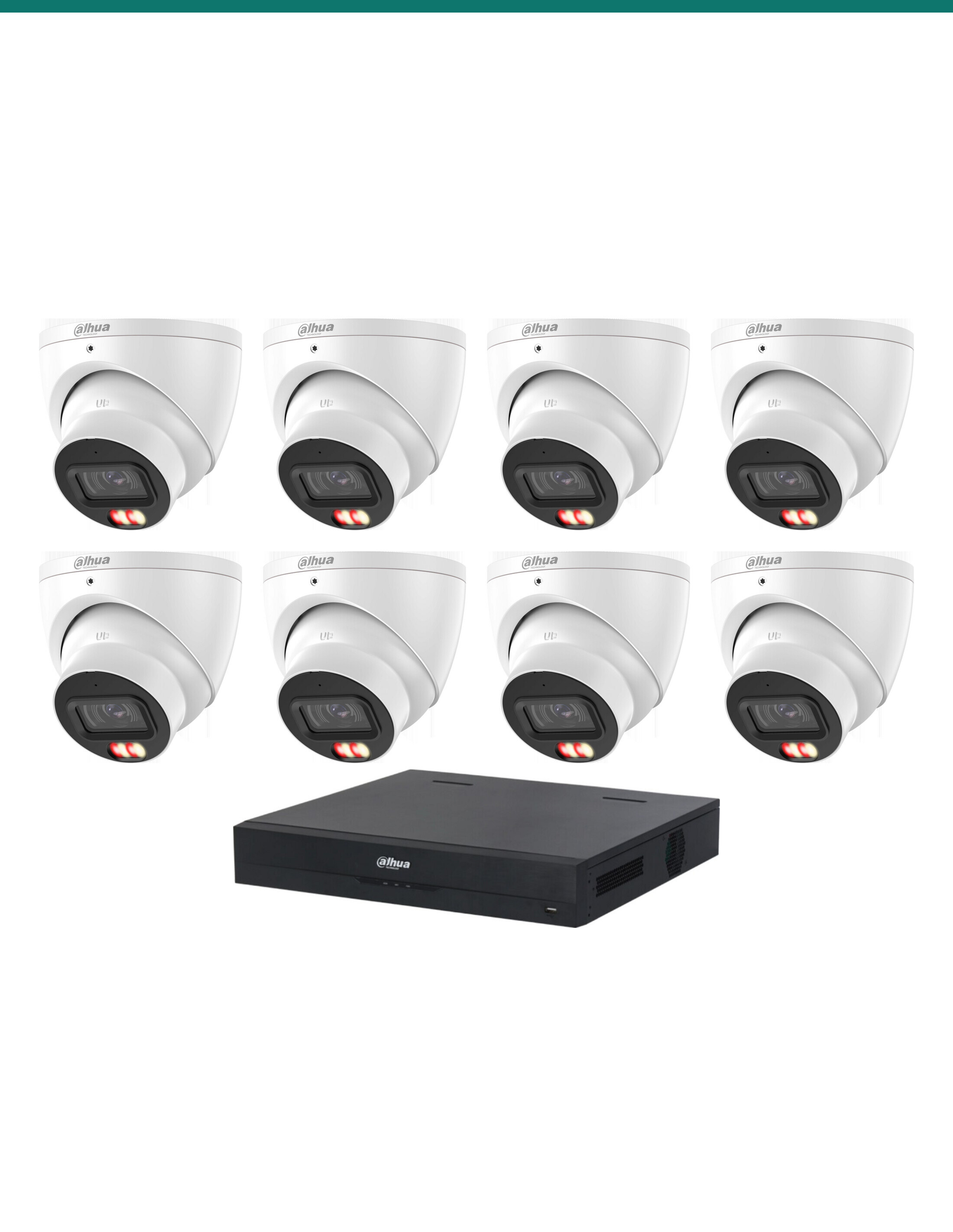 DH-K8088T-67 kit layout — 8 dual-light turrets and NVR4108HS-8P-AI/ANZ — Product shot may differ from the actual product.