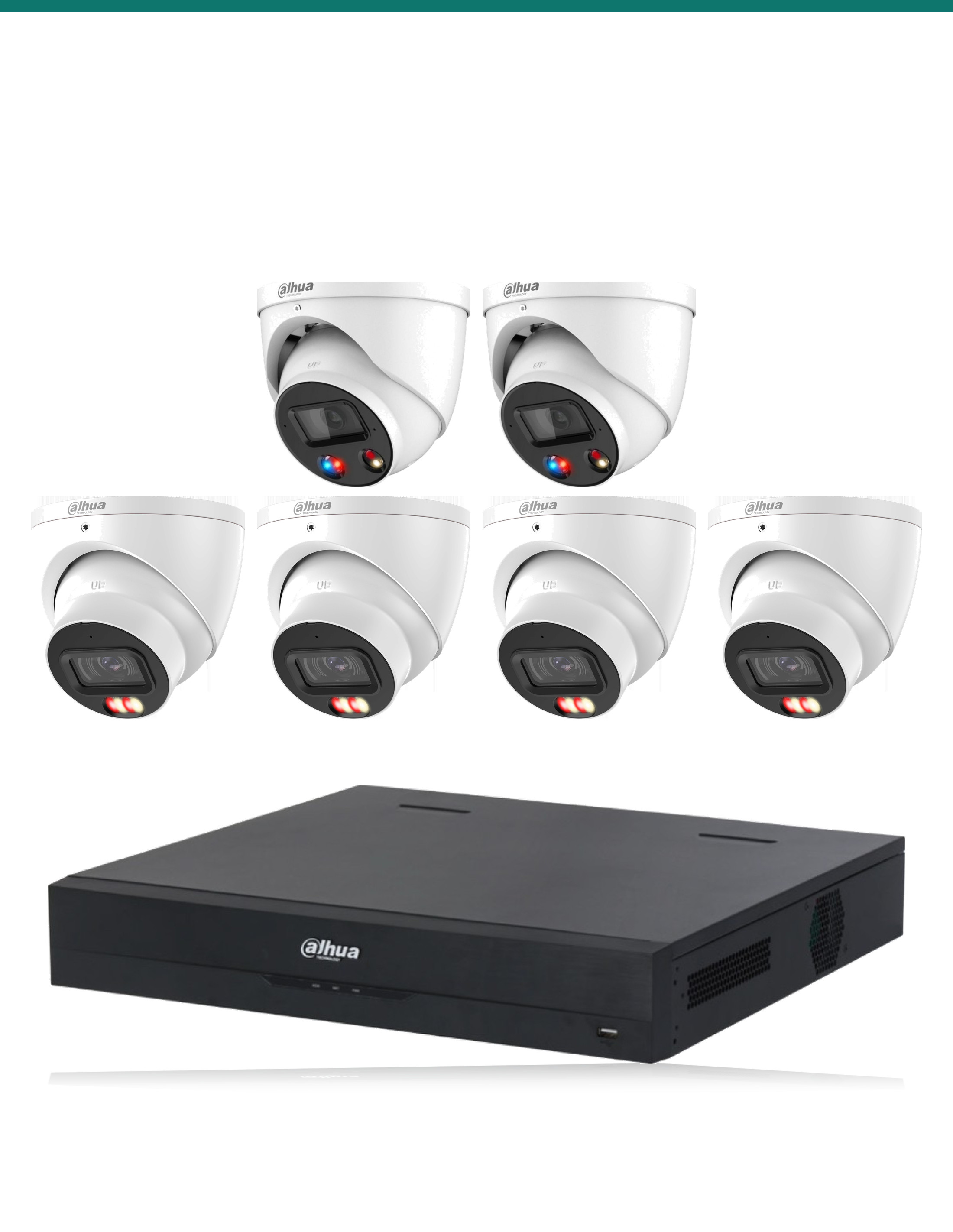 DH-K8084T2TIOC-67 kit layout — 4 dual-light turrets and NVR4108HS-8P-AI/ANZ — Product shot may differ from the actual product.