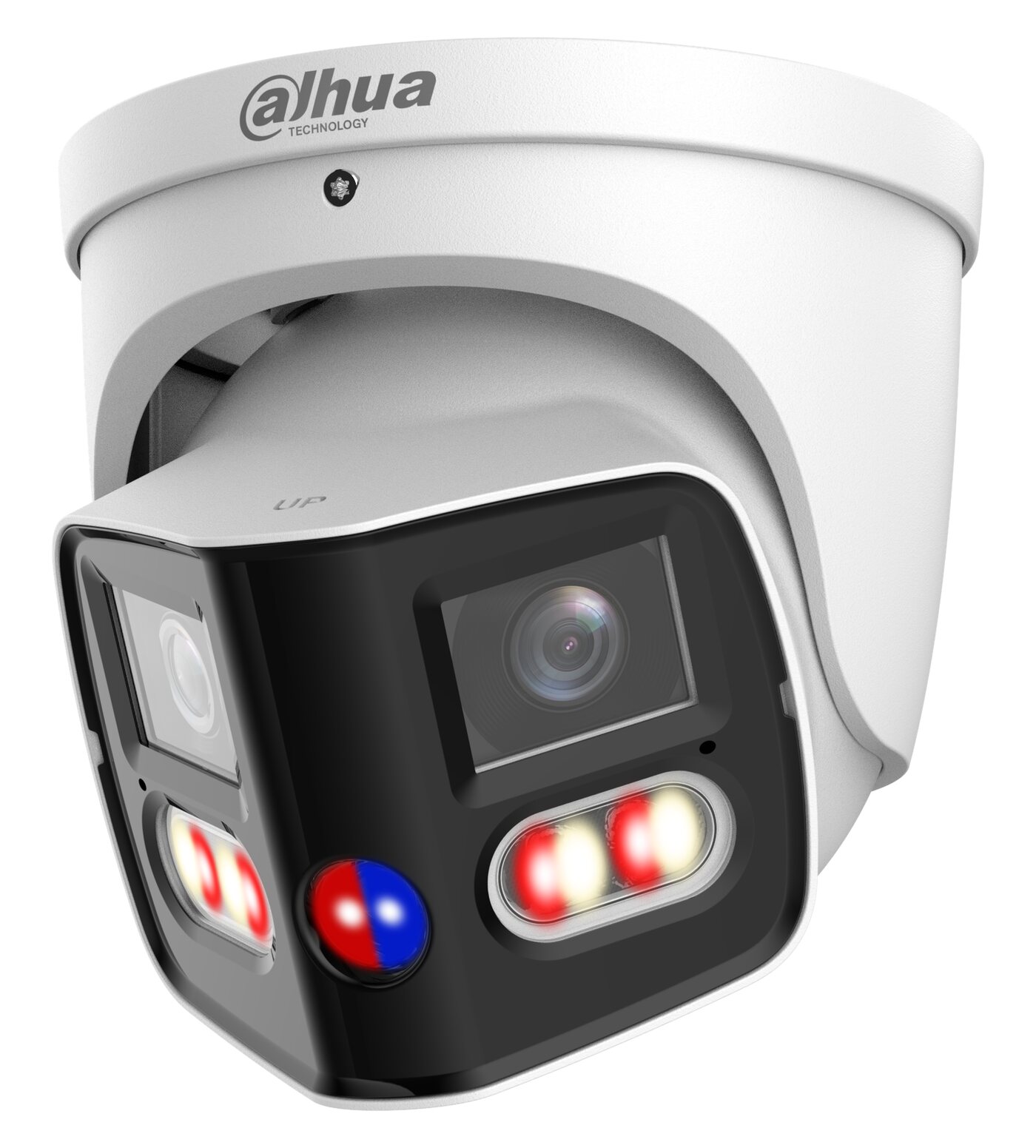 DH-IPC-PDW3859-A180-AS-PV-ANZ white three-quarter view with red and blue warning lights