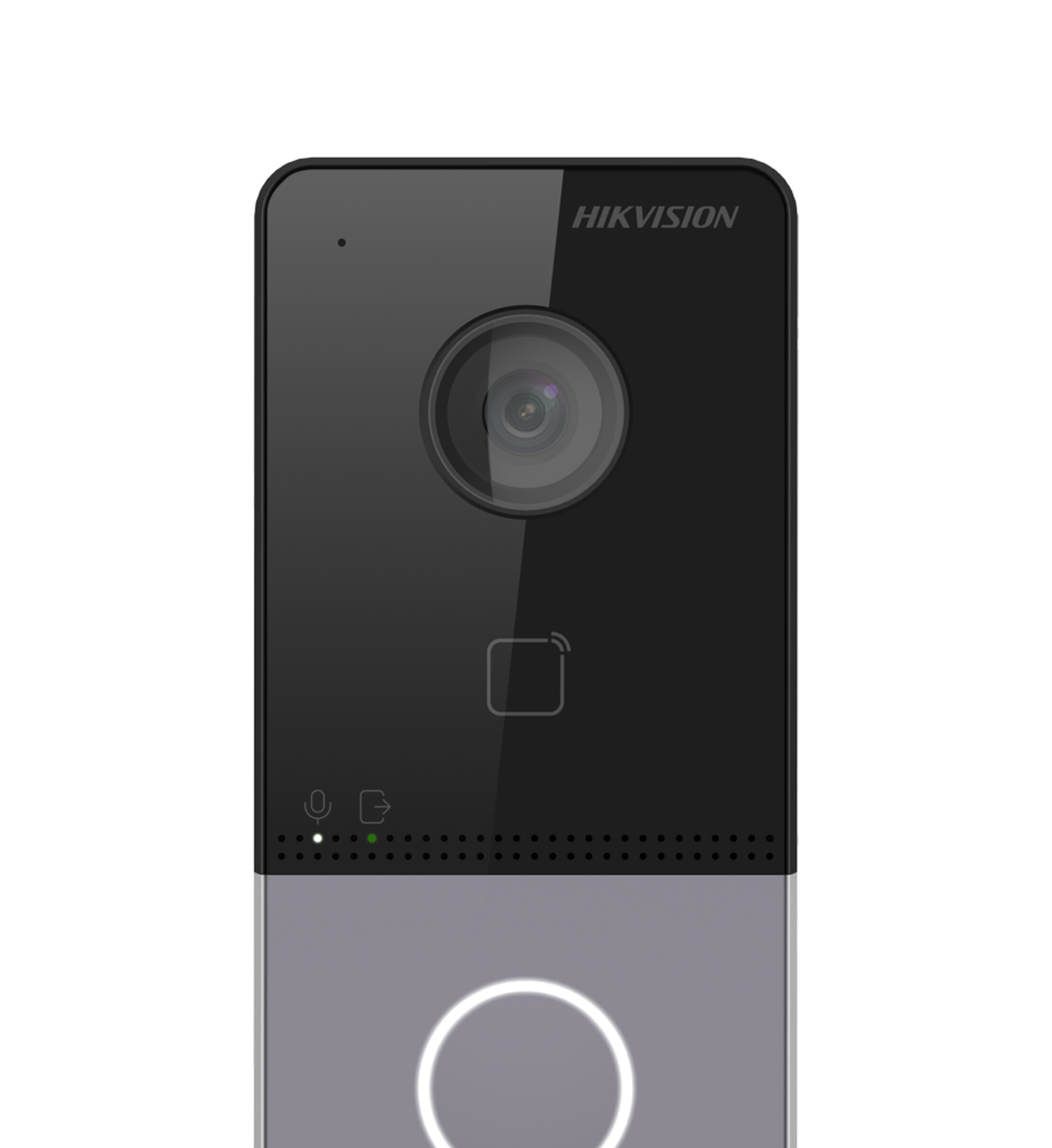 Hikvision DS-KV6113-WPE1 villa door station — front view showing 2 MP HD camera, IR supplement, single call button and integrated Mifare reader