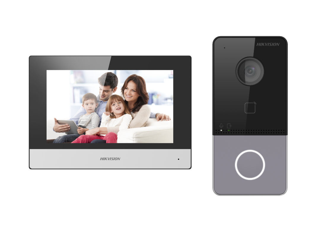 Hikvision DS-KIS603-P IP intercom kit — DS-KV6113-WPE1 villa door station paired with DS-KH6320-WTE1 7-inch indoor monitor on white background