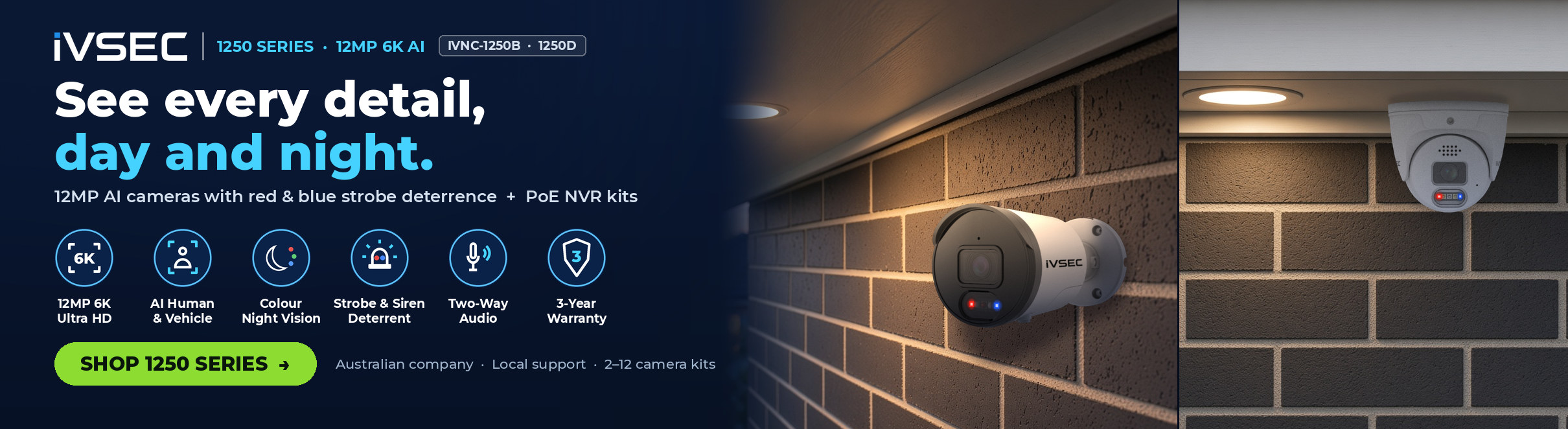 IVSEC 1250 Series 12MP 6K AI security cameras with red and blue strobe deterrence: bullet camera on a brick wall and turret camera under the eave, PoE NVR kits