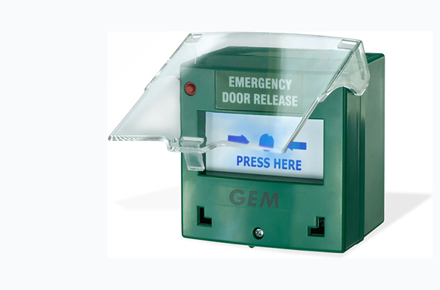 CP-32GBZ-LB three-quarter angle showing green housing, lifted clear flip cover, blue-backlit press-here window with directional arrows, GEM wordmark
