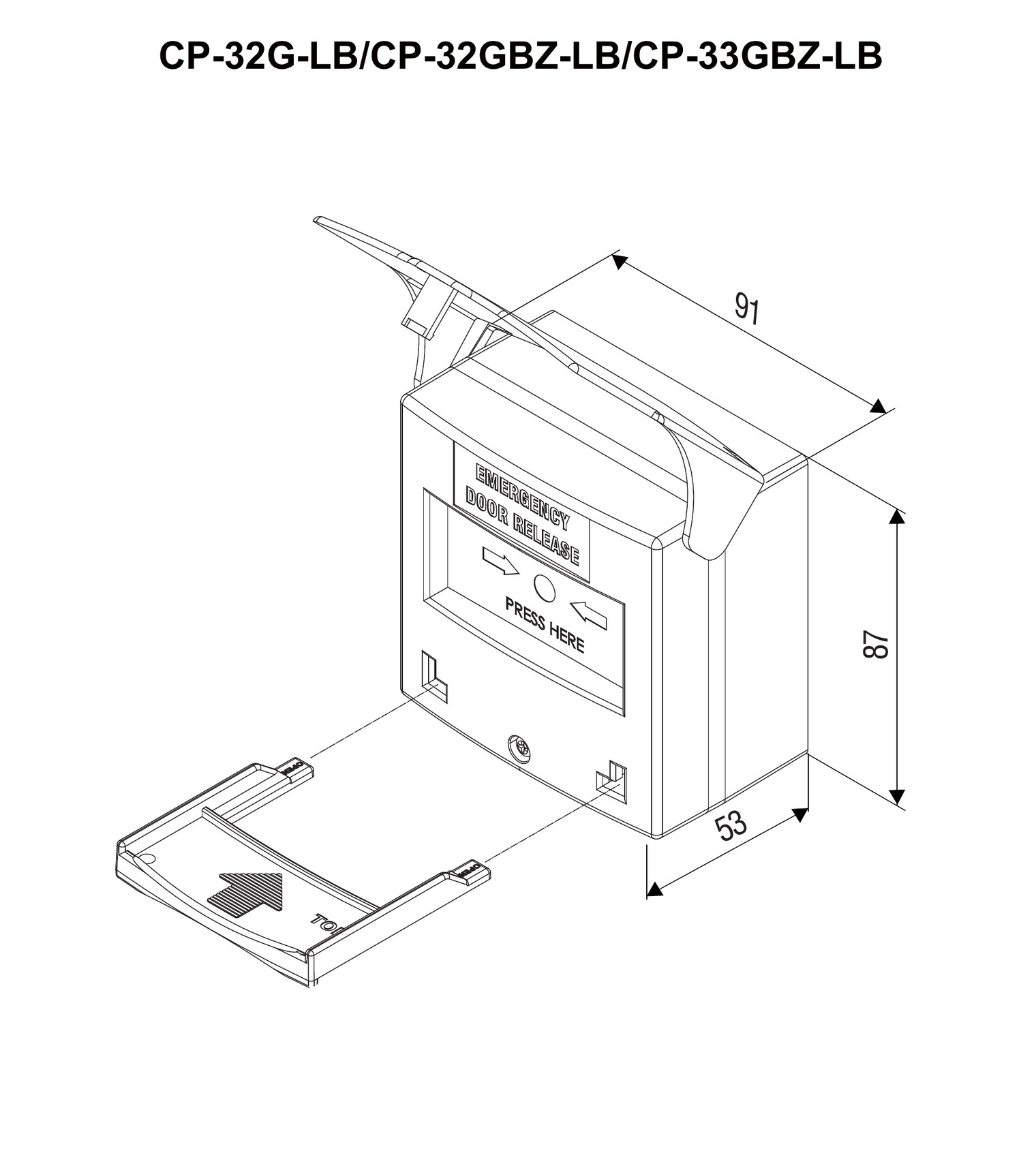 Line drawing of CP-32GBZ-LB: width 91 mm, height 87 mm, depth 53 mm with cover lifted; resettable key in the underside slot