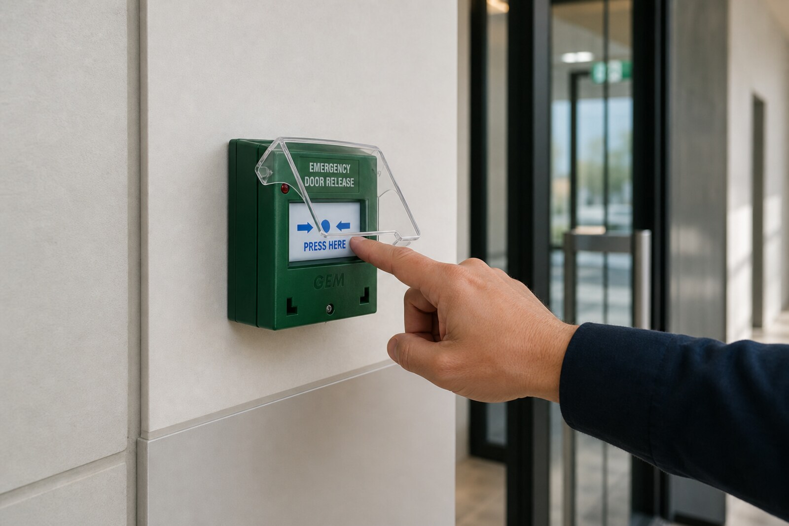 Gianni CP-32GBZ-LB green emergency door release call point installed on a corridor wall beside a glass access-controlled door