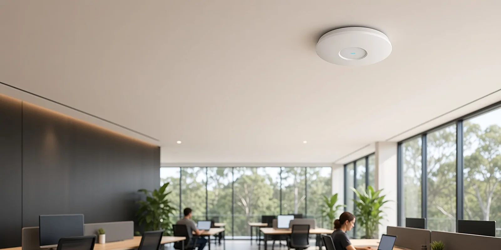 Grandstream Wi-Fi 7 access point on an office ceiling