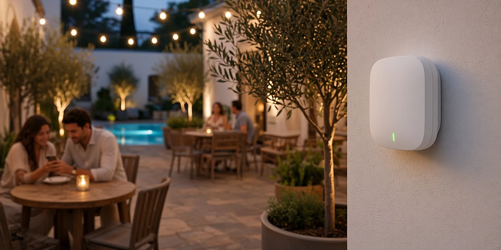 Grandstream outdoor Wi-Fi access point at a hotel courtyard