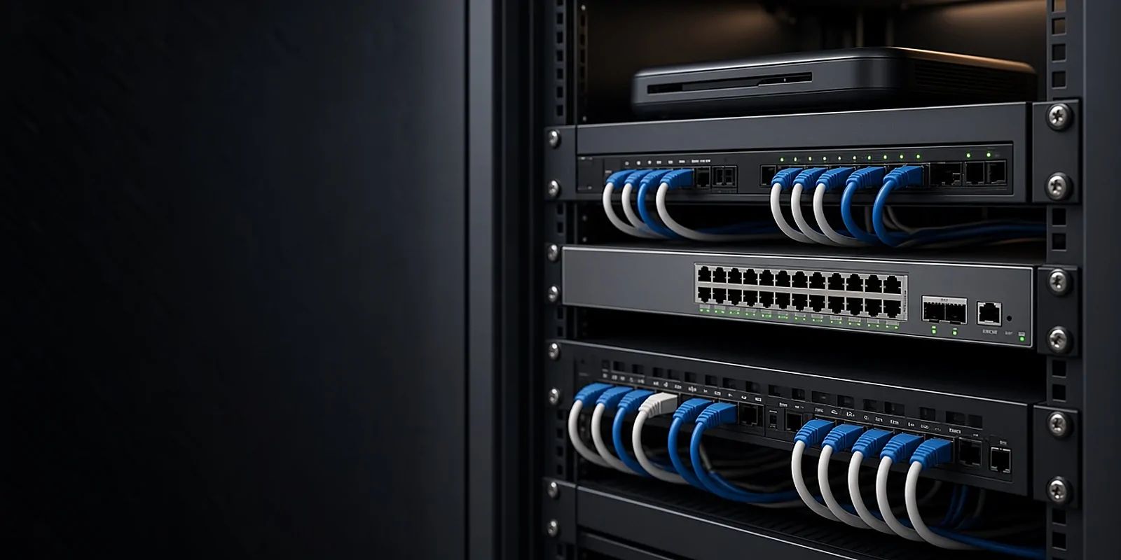 Grandstream PoE network switch in a comms rack