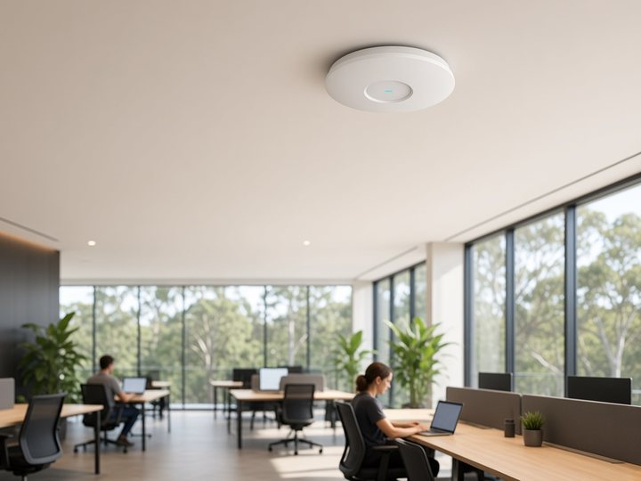 Grandstream access point mounted on an office ceiling